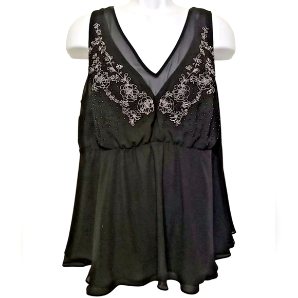 torrid Tops - Torrid Plus Size Sheer Beaded Baby Doll V-Neck Tank - Black -‎  1X